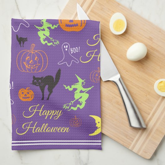 Colorful Happy Halloween Pattern Paars Theedoek (Quarter Fold)