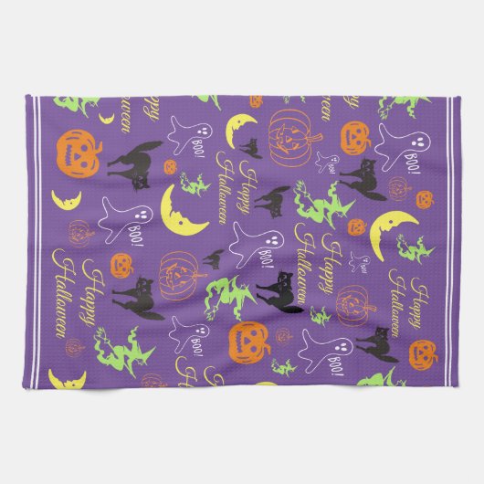 Colorful Happy Halloween Pattern Paars Theedoek (Horizontaal)