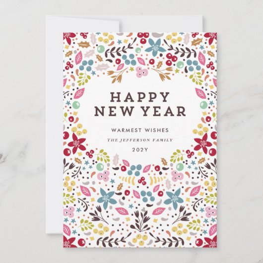 Colorful Happy Nieuwjaar Floral Feestdagenkaart (Voorkant)