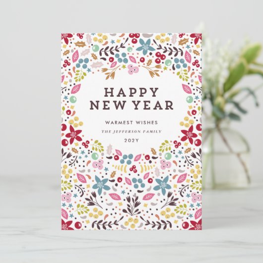 Colorful Happy Nieuwjaar Floral Feestdagenkaart (Staand voorkant)