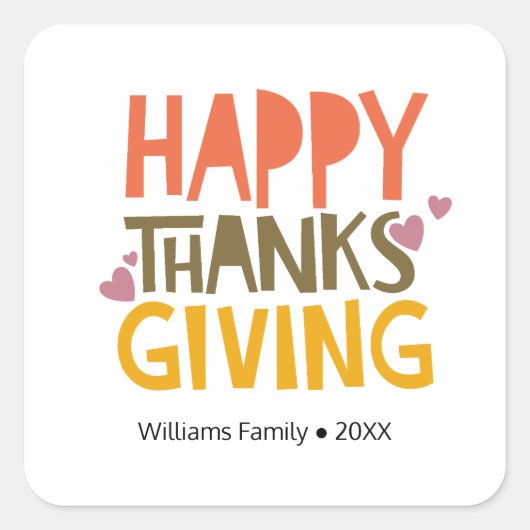 Colorful Happy Thanksgiving Day Persoonlijke naam Vierkante Sticker (Voorkant)