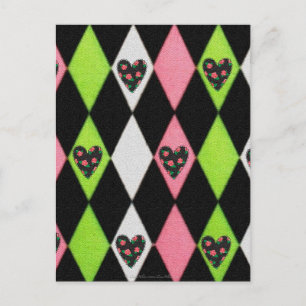 Colorful Harlequin Print met Roos Hearts Briefkaart