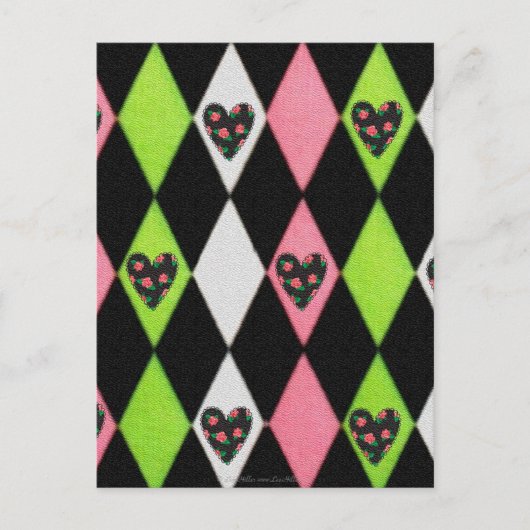 Colorful Harlequin Print met Roos Hearts Briefkaart (Voorkant)