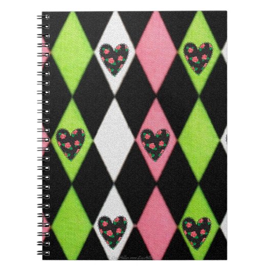 Colorful Harlequin Print met Roos Hearts Notitieboek (Voorkant)