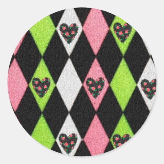 Colorful Harlequin Print met Roos Hearts Ronde Sticker (Voorkant)