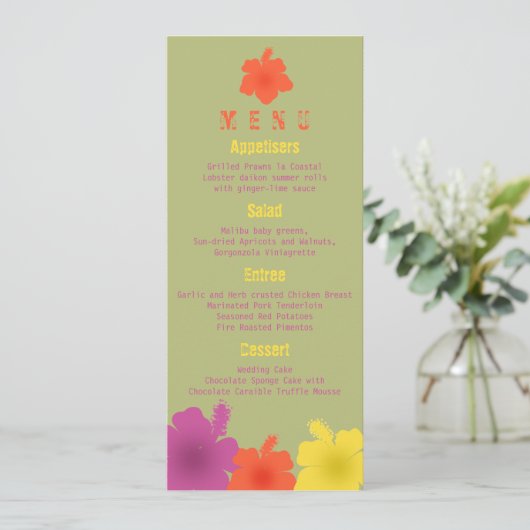 Colorful Hawaiian Hibiscus Wedding Menu (Staand voorkant)
