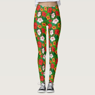 Colorful Hawaiian Tropical Hibiscus Flower Holiday Leggings