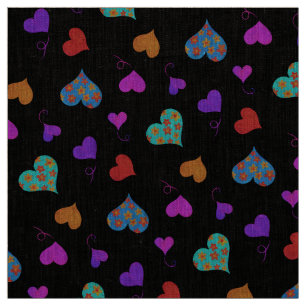 Colorful Heart Pattern - Cute Cheerful Girly Black Stof