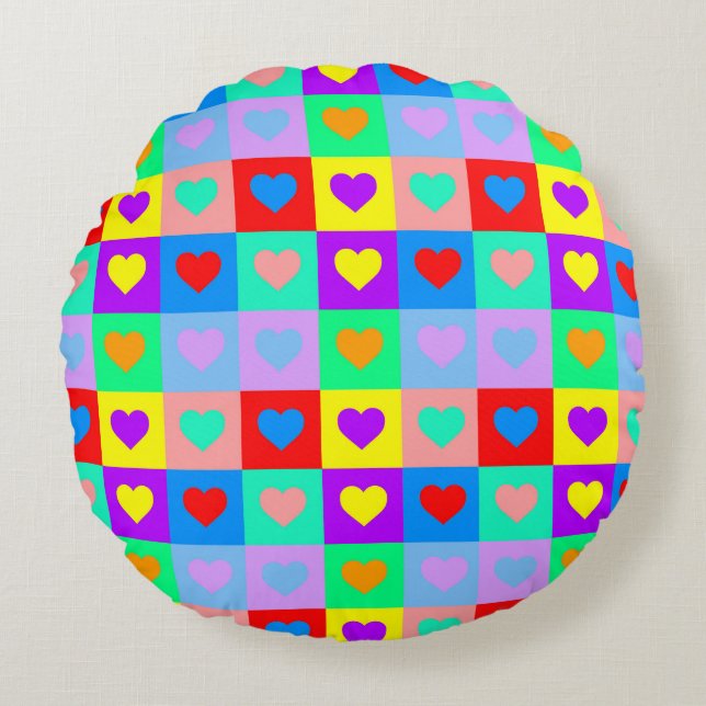 Colorful Heart Pattern Pop Art Rond Kussen (Voorkant)