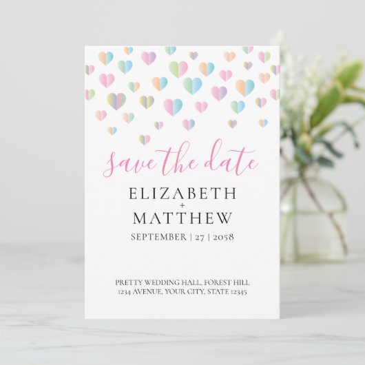 Colorful Heart Speckles Design Save The Date (Staand voorkant)