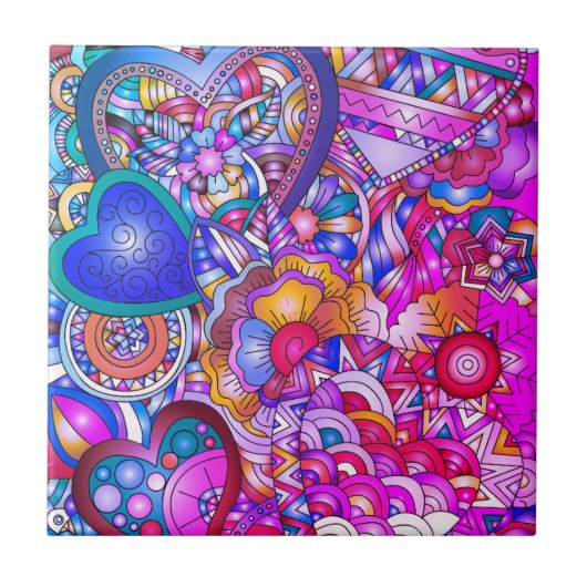 Colorful Hearts and Flowers Abstract Art Tegeltje (Voorkant)