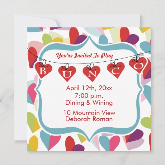 Colorful Hearts Bunco Invite Kaart (Voorkant)