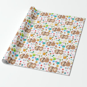 Colorful Hearts Stars Sloth Pattern Baby Birthday Cadeaupapier