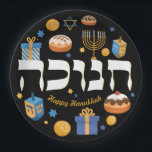 Colorful Hebrew Hanukkah Dreidel Menorah & Donuts Papieren Bordje<br><div class="desc">Colorful Hebrew Hanukkah Dreidel Menorah & Donuts op dramatische zwarte achtergrond. Deze kleurrijke borden zijn de perfecte manier om een feestelijke Hanukkah/Chanoekah-tafel te vestigen. Verfijn je gasten.. Whimsical kleurrijke Chanoekelementen — waaronder Jelly Donuts, Dreidels, Wrapped Gifts, Gold Coins and Stars — omgeven het woord CHANUKAH in het Hebreeuws. Als u...</div>