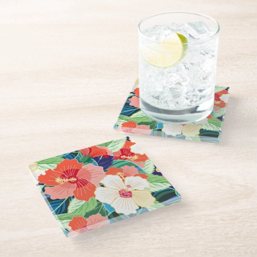Colorful Hibiscus Pattern Glazen Onderzetter (Schuin)