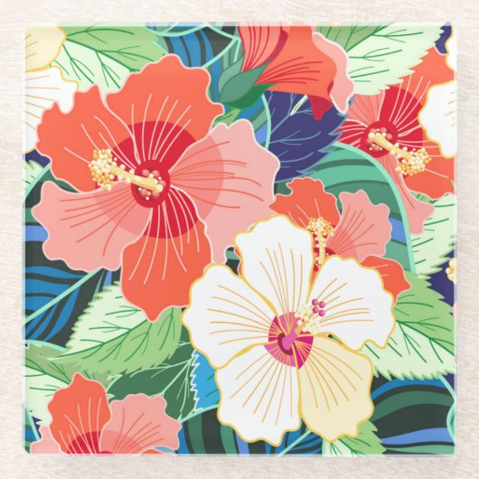 Colorful Hibiscus Pattern Glazen Onderzetter (Voorkant)