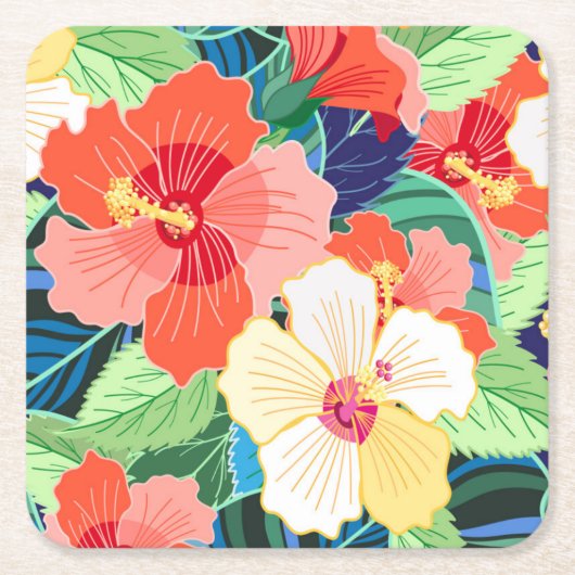 Colorful Hibiscus Pattern Kartonnen Onderzetters (Voorkant)