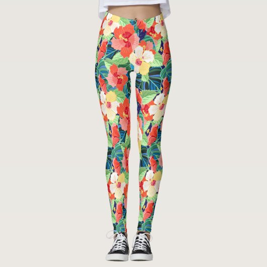 Colorful Hibiscus Pattern Leggings (Voorkant)