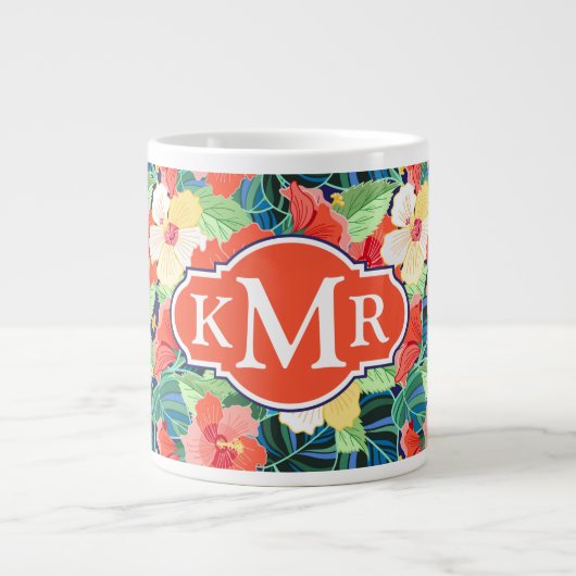 Colorful Hibiscus Pattern | Monogram Grote Koffiekop (Voorkant)