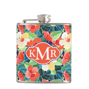 Colorful Hibiscus Pattern   Monogram Heupfles