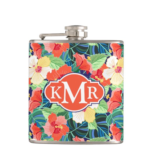 Colorful Hibiscus Pattern | Monogram Heupfles (Voorkant)