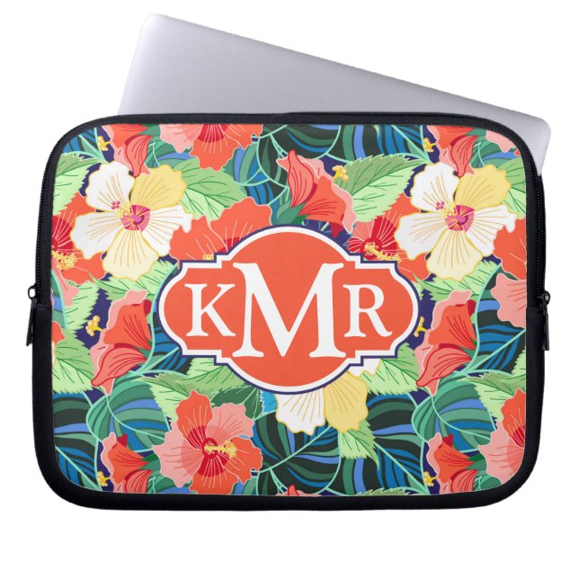 Colorful Hibiscus Pattern | Monogram Laptop Sleeve (Voorkant)