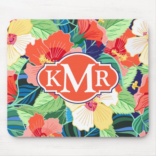 Colorful Hibiscus Pattern | Monogram Muismat (Voorkant)