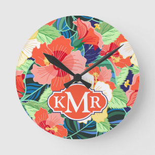 Colorful Hibiscus Pattern   Monogram Ronde Klok