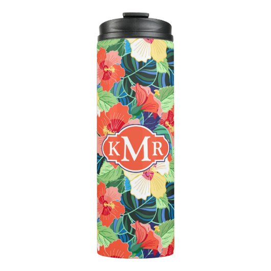Colorful Hibiscus Pattern | Monogram Thermosbeker (Voorkant)
