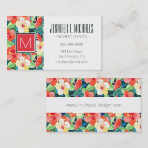 Colorful Hibiscus Pattern Monogram Visitekaartje