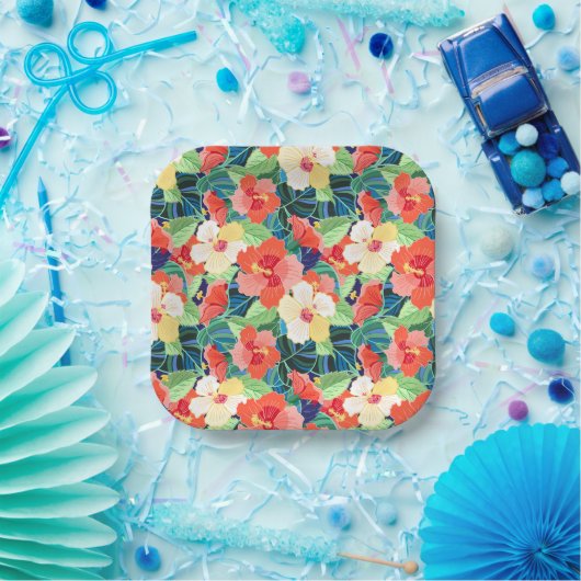 Colorful Hibiscus Pattern Papieren Bordje (Feest)
