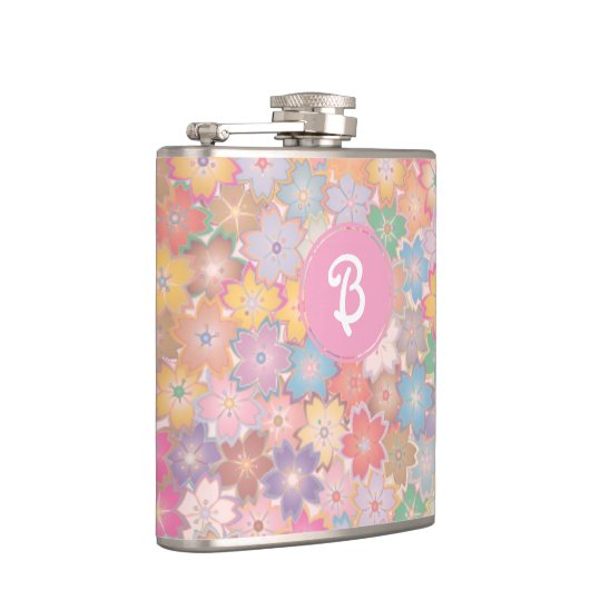 Colorful  Hippy Floral Pink Monogram Heupfles (Rechts)