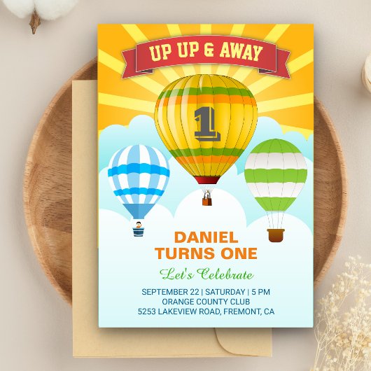 Colorful Hot Air Ballon First Birthday Invitation Kaart