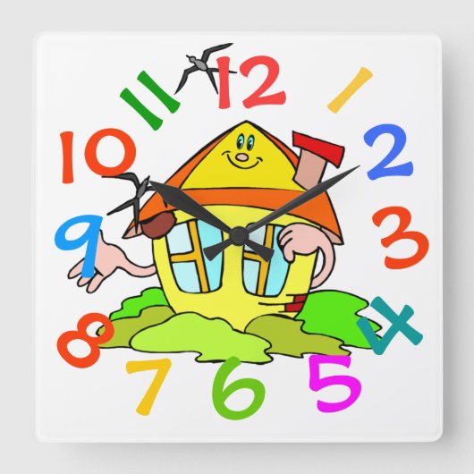 Colorful House Theme Kinder Room Wall Clock Vierkante Klok (Voorkant)