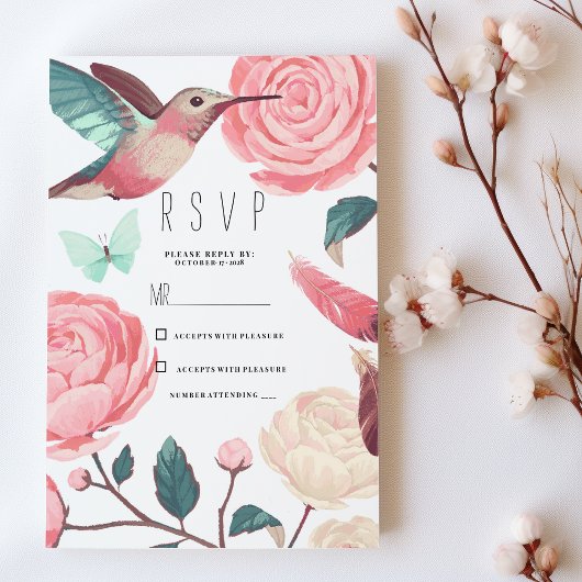 Colorful Hummingbird Floral Spring RSVP Kaart
