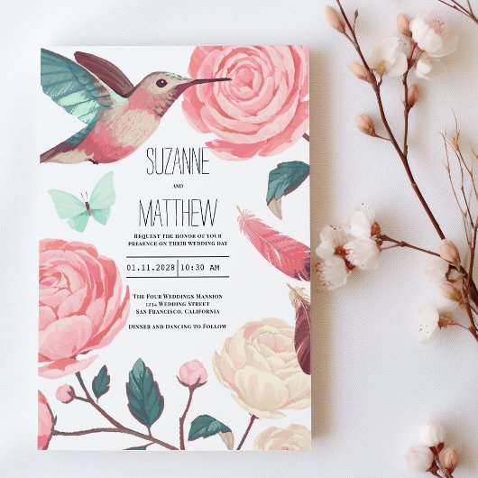 Colorful Hummingbird Floral Spring Wedding Kaart