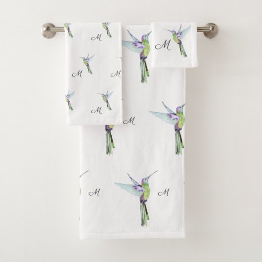 Colorful Hummingbird waterverf Monogram initiaal Bad Handdoek (Insitu)