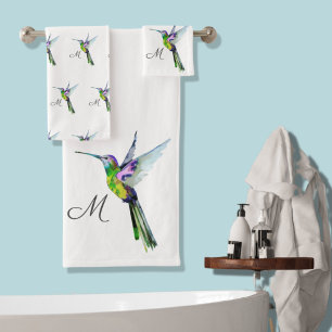 Colorful Hummingbird waterverf Monogram initiaal Bad Handdoek