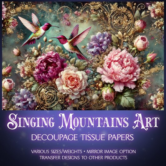 Colorful Hummingbirds & Antique Roses Decoupage Tissuepapier