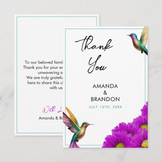 Colorful Hummingbirds Purple Daisies Wedding Bedankkaart (Voorkant / Achterkant)