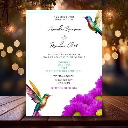 Colorful Hummingbirds Purple Daisies Wedding Kaart