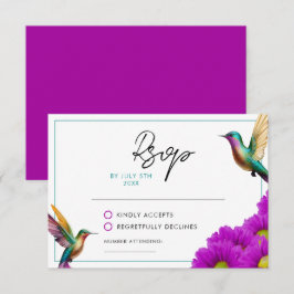 Colorful Hummingbirds Purple Daisies Wedding RSVP Kaartje