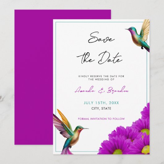Colorful Hummingbirds Purple Daisies Wedding Save The Date (Voorkant / Achterkant)