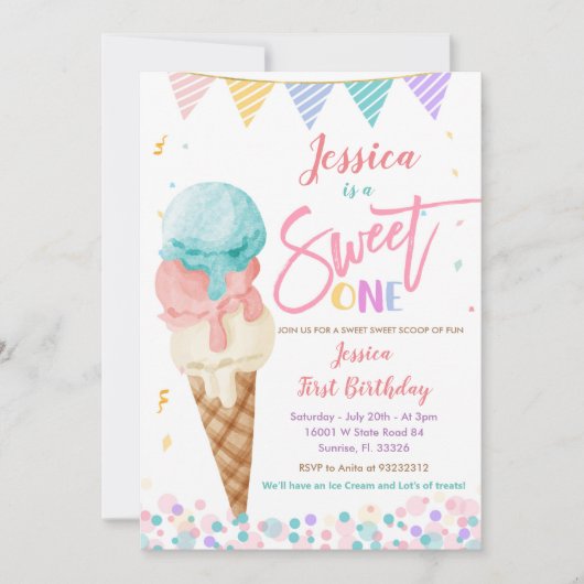 Colorful Ice Cream Sweet ONE Birthday Uitnodiging (Voorkant)