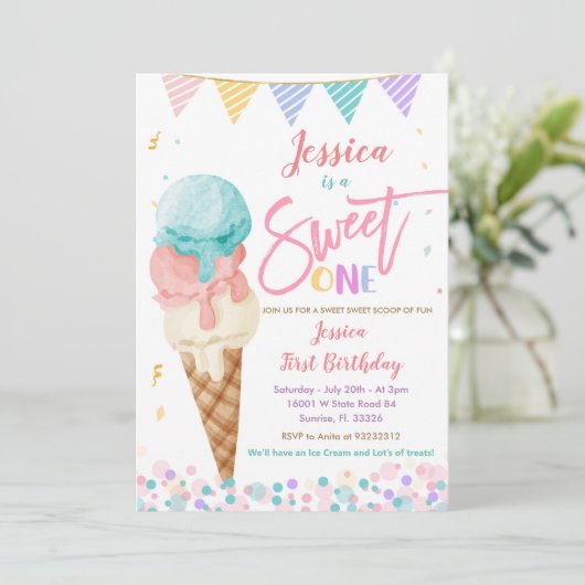 Colorful Ice Cream Sweet ONE Birthday Uitnodiging (Staand voorkant)