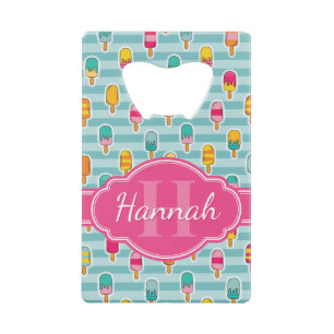 Colorful Ice Pop Pattern met Roze Monogram Creditkaart Flessenopener