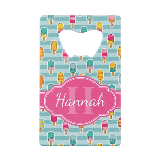 Colorful Ice Pop Pattern met Roze Monogram Creditkaart Flessenopener (Voorkant)