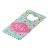 Colorful Ice Pop Pattern met Roze Monogram Creditkaart Flessenopener (Voorkant Gekanteld)