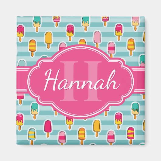 Colorful Ice Pop Pattern met Roze Monogram Magneet (Voorkant)