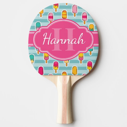 Colorful Ice Pop Pattern met Roze Monogram Tafeltennisbatje (Voorkant)